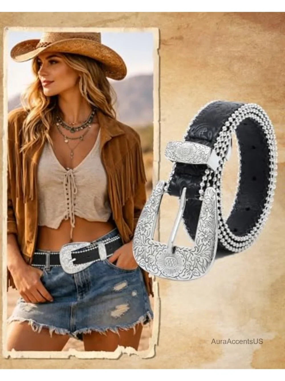 Western Belt for Women Floral Tooled Vegan Leather with Silver Buckle